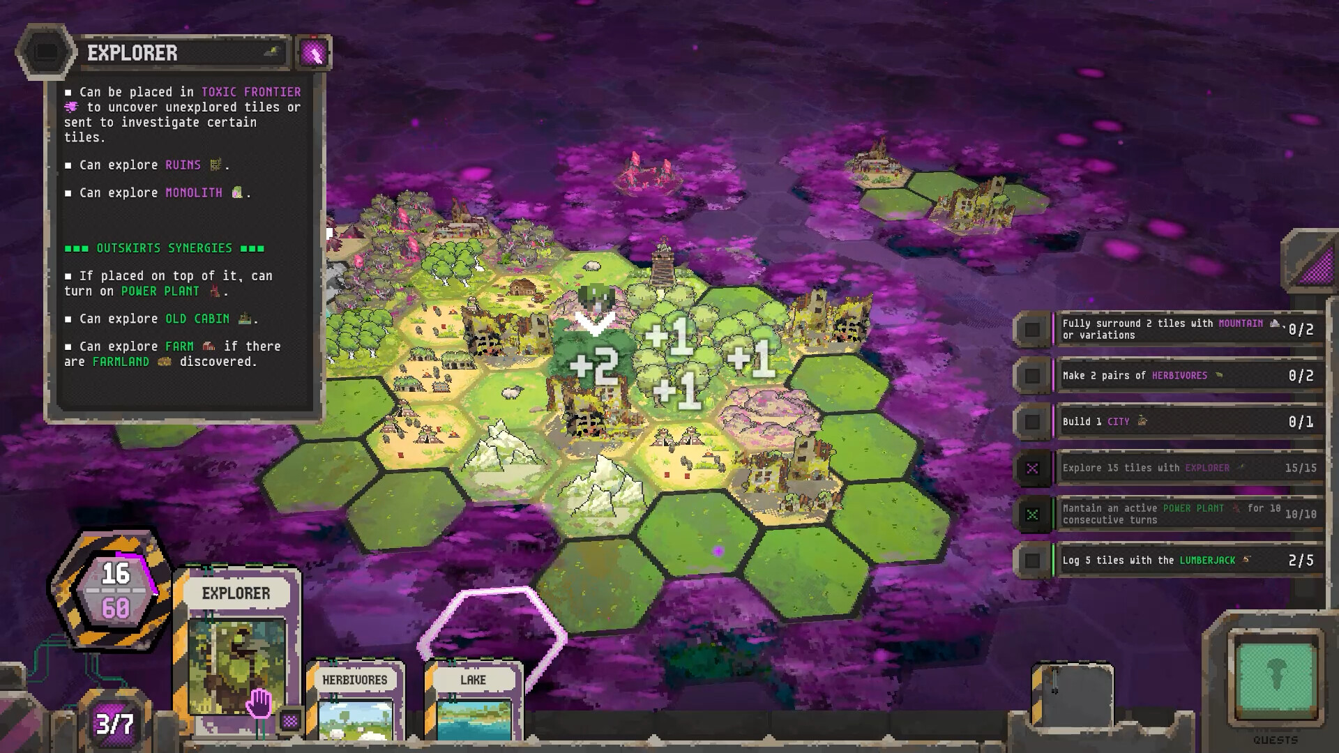 Toxic Frontier 遊戲截圖 — 六角格聚落與手牌