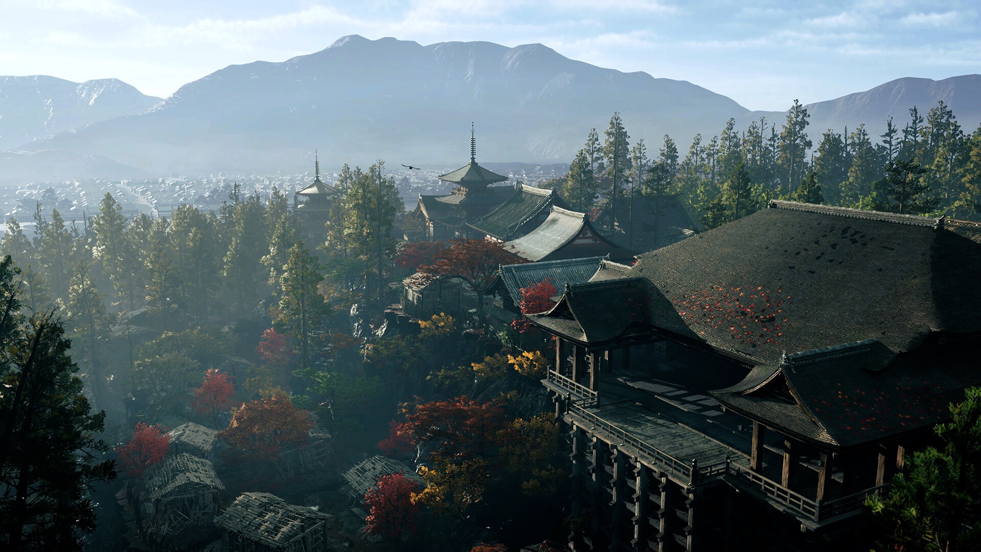 秋日山間的寺院建築群與散落的紅葉