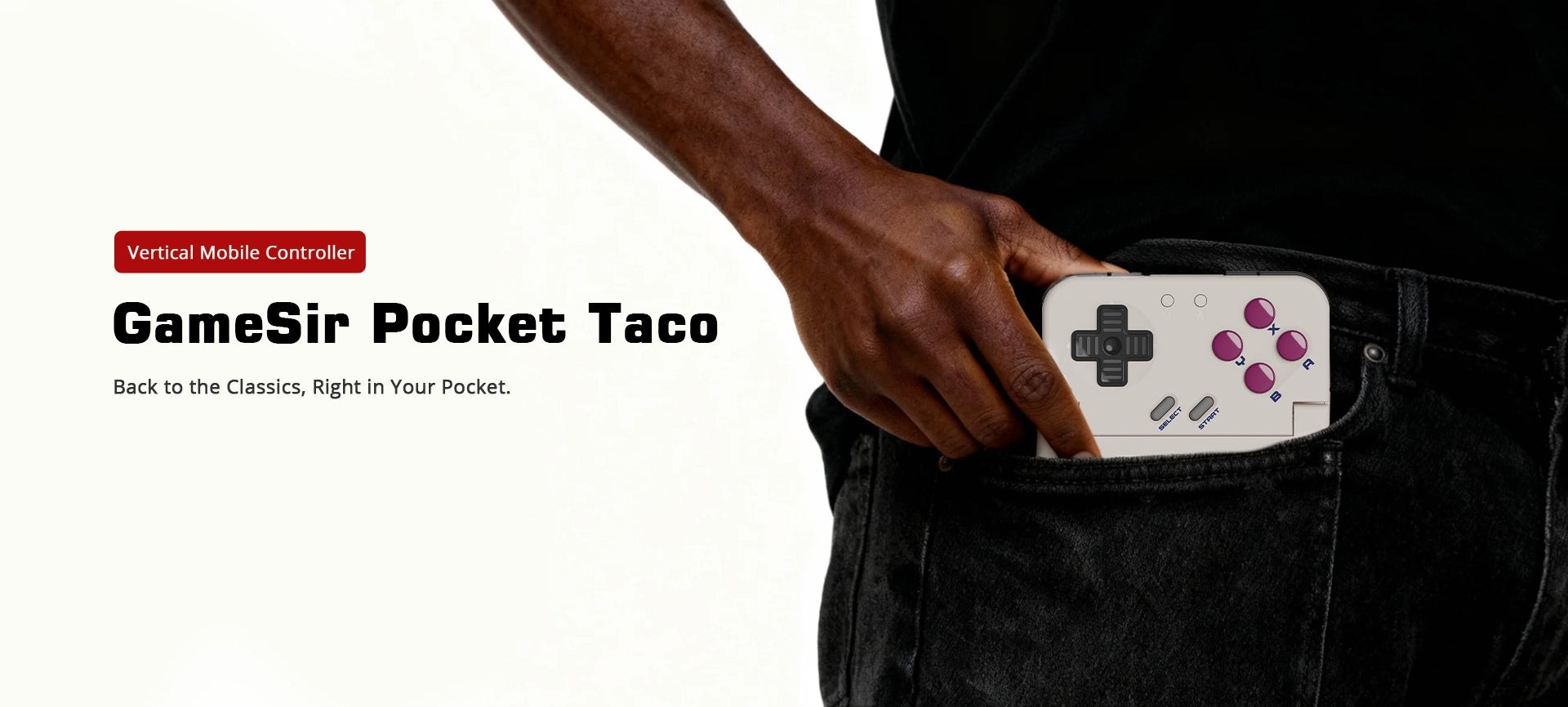 GameSir Pocket Taco 官方宣傳圖，白色直立式控制器與從後口袋取出的動作