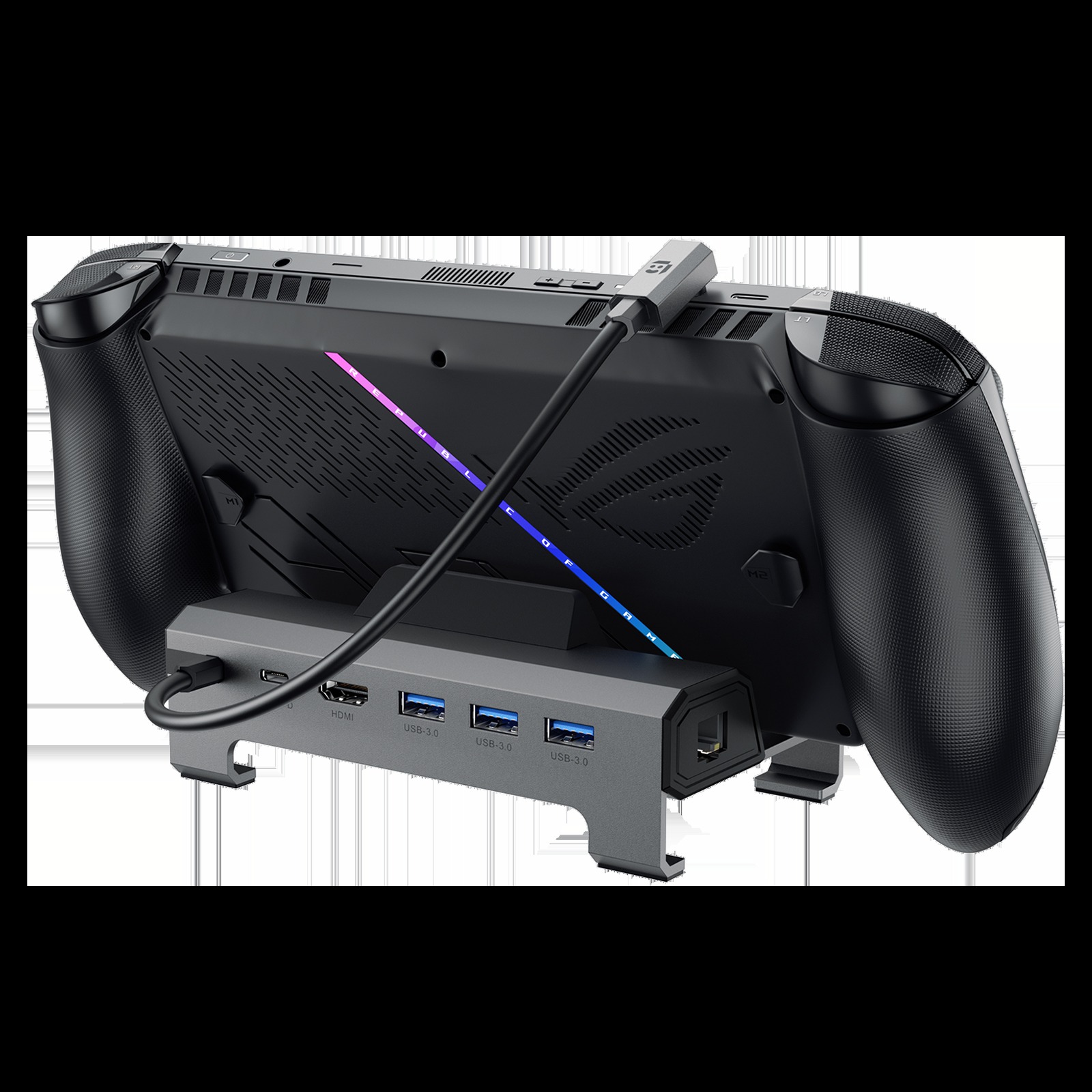 ROG Xbox Ally 以背面朝外的方式架在 JSAUX 六合一底座上,底座前方可見 HDMI、三個 USB 3.0 與網路孔