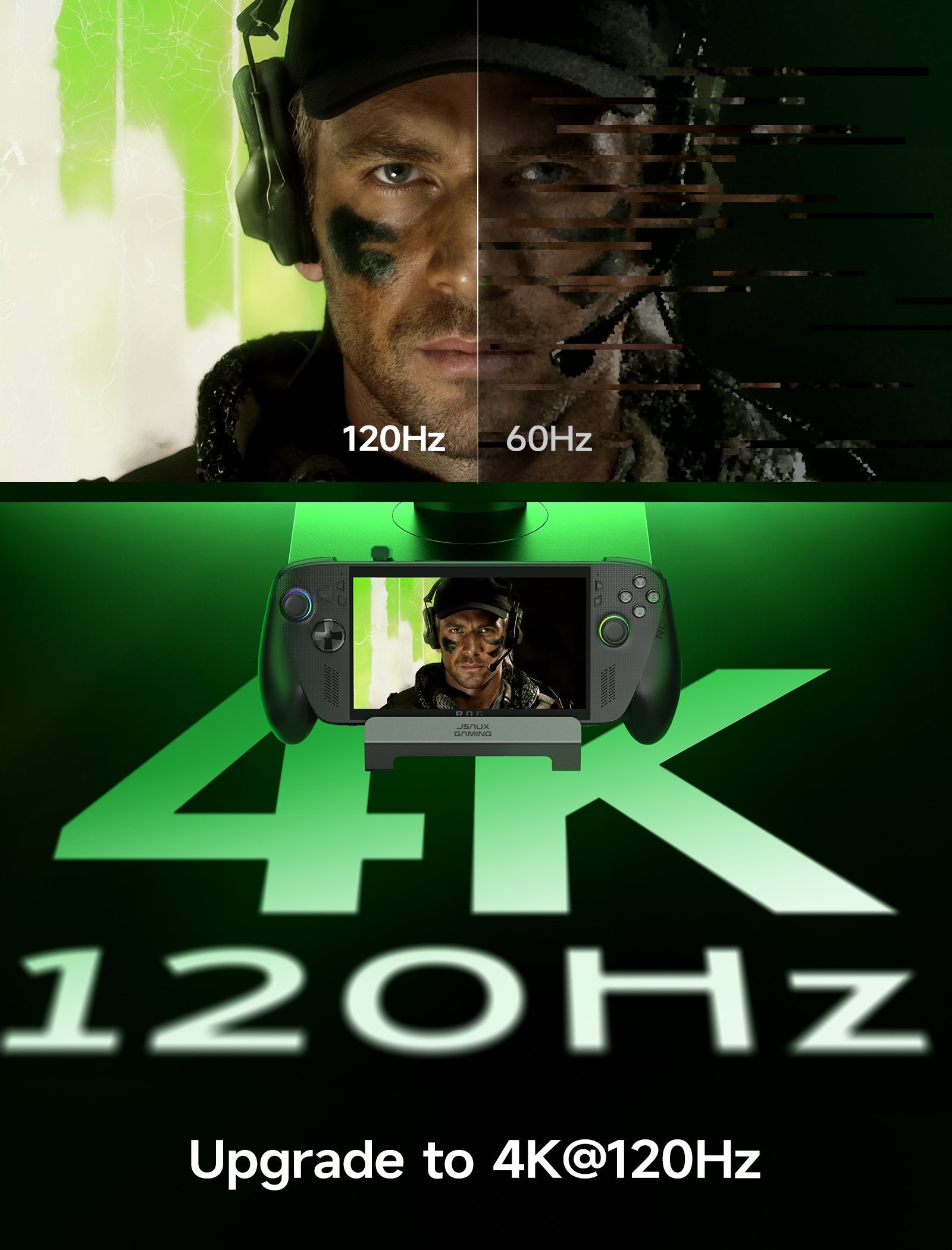 官方宣傳圖,上方以遊戲畫面對比 120Hz 與 60Hz 的差異,下方是掌機架在底座上,標語 Upgrade to 4K@120Hz