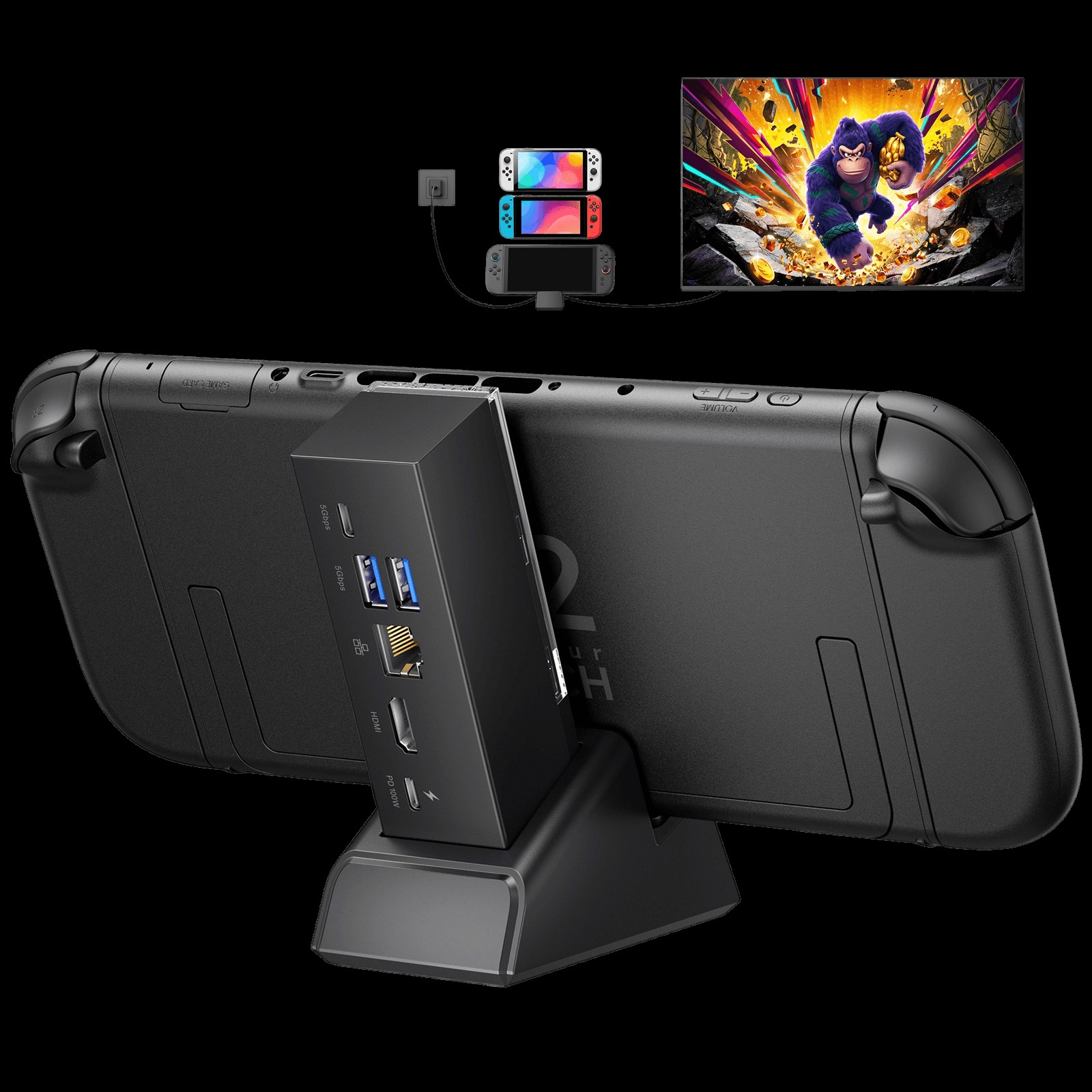 Switch 2 插在 JSAUX 擴充底座上的官方照片
