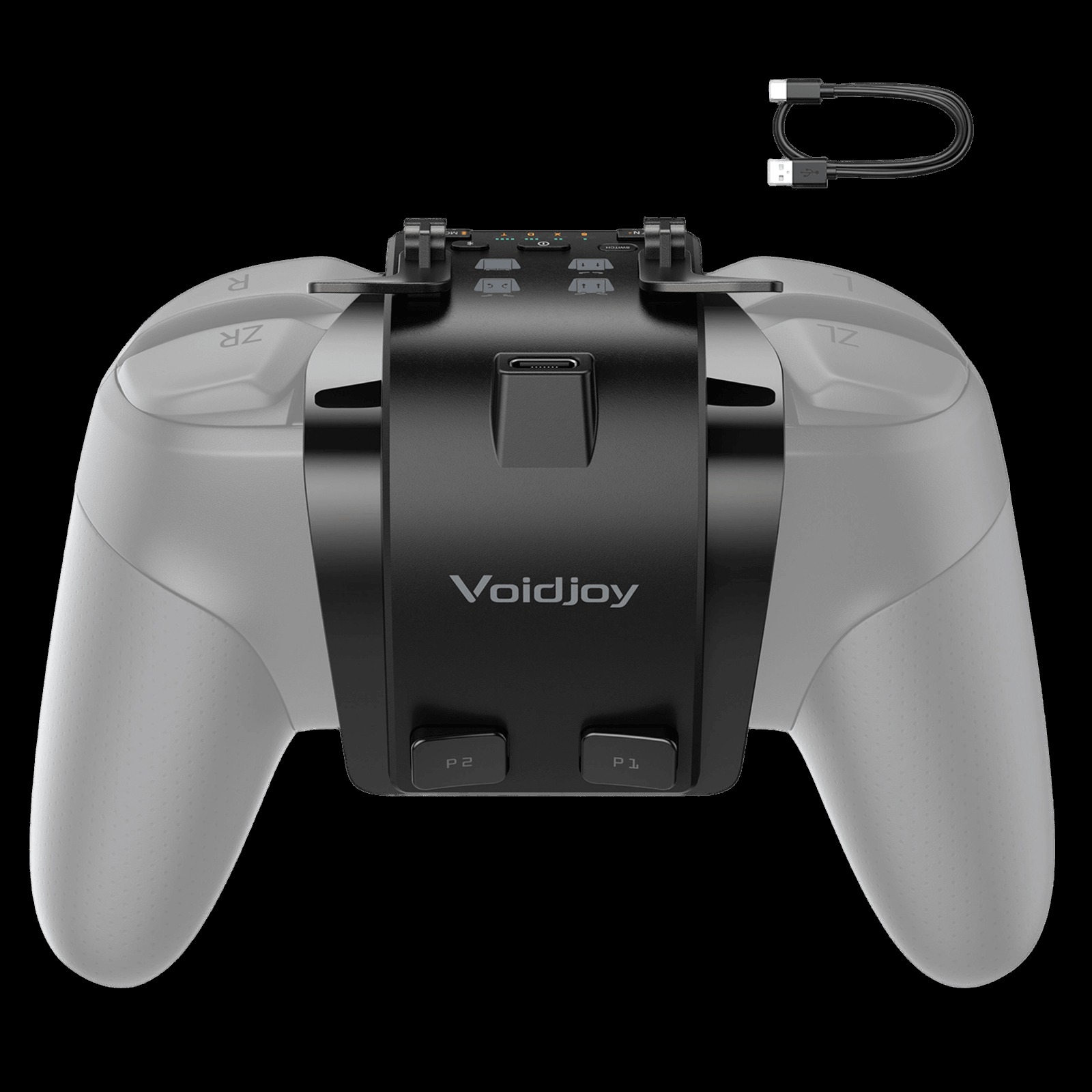 Switch Pro Controller 背面裝上 VOIDJOY Elite Extender 的官方產品圖