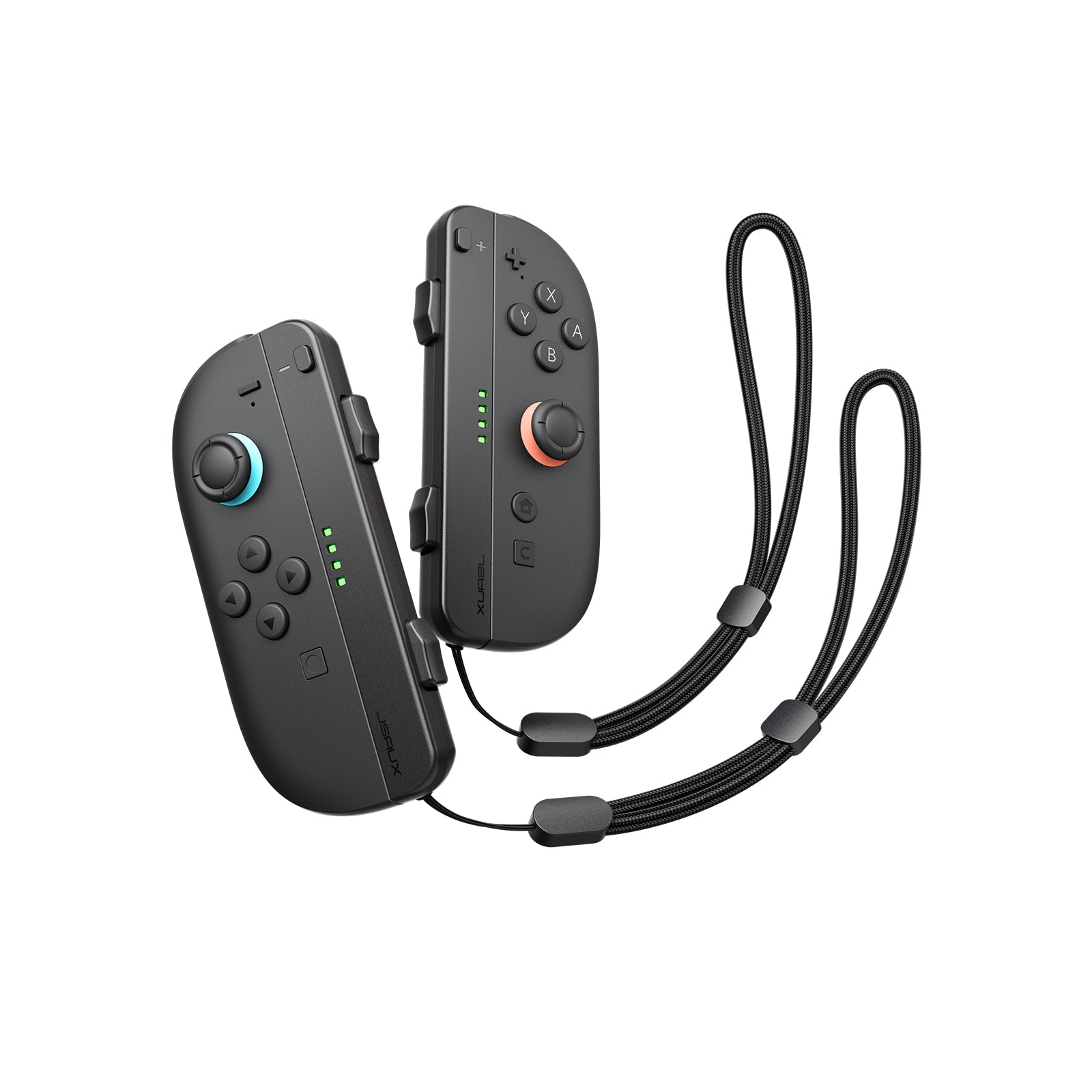 兩支黑色 Joy-Con 造型控制器各接上一條黑色編織腕帶,白色背景的官方產品照