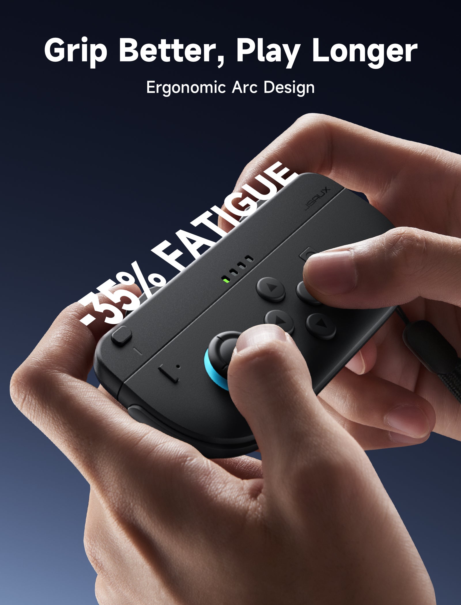 官方情境圖:雙手握著裝上握把配件的控制器,圖上有 Grip Better, Play Longer、Ergonomic Arc Design 與 -35% FATIGUE 字樣