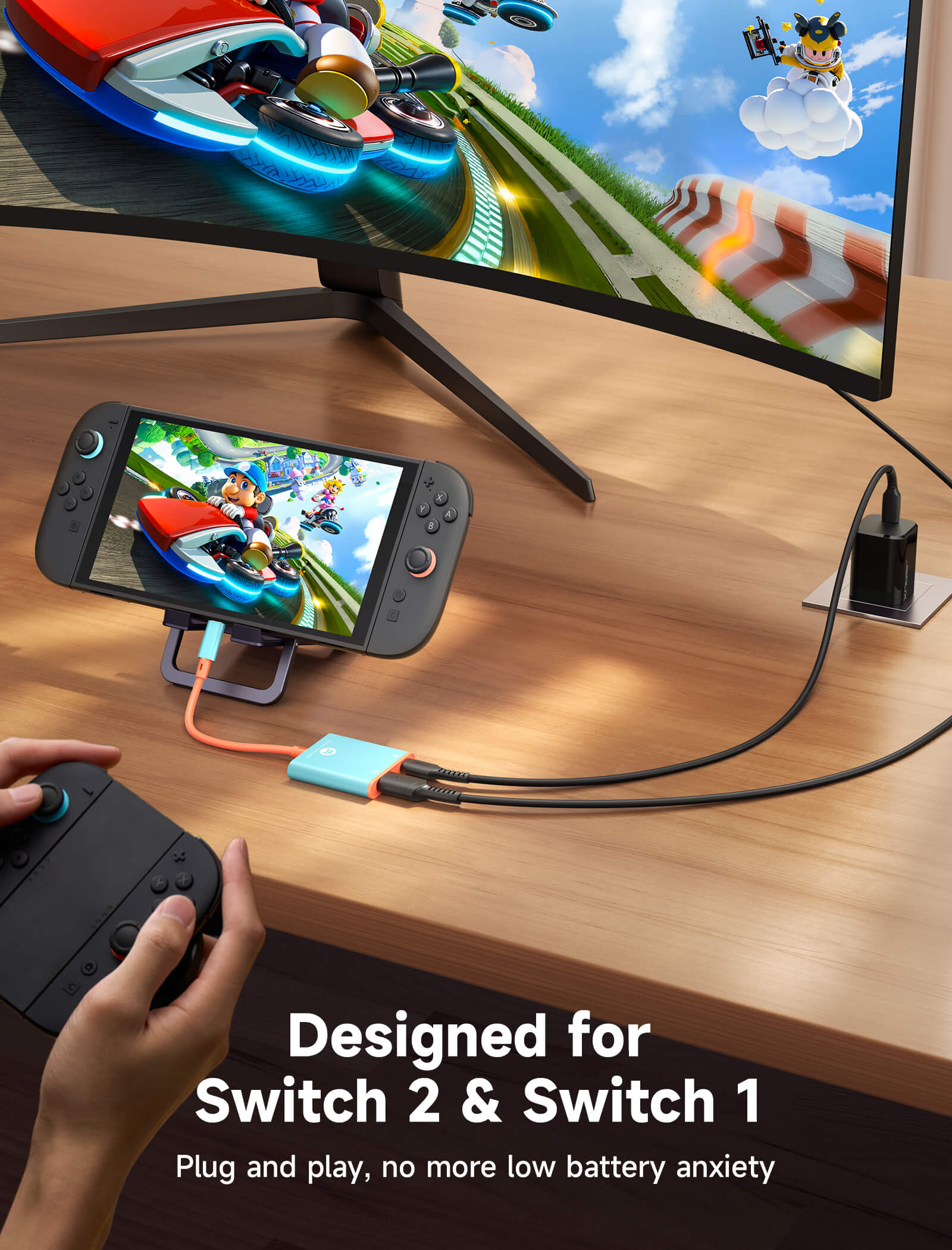 官方情境圖：Switch 接上 JSAUX 轉接器後同時輸出畫面到曲面螢幕並充電