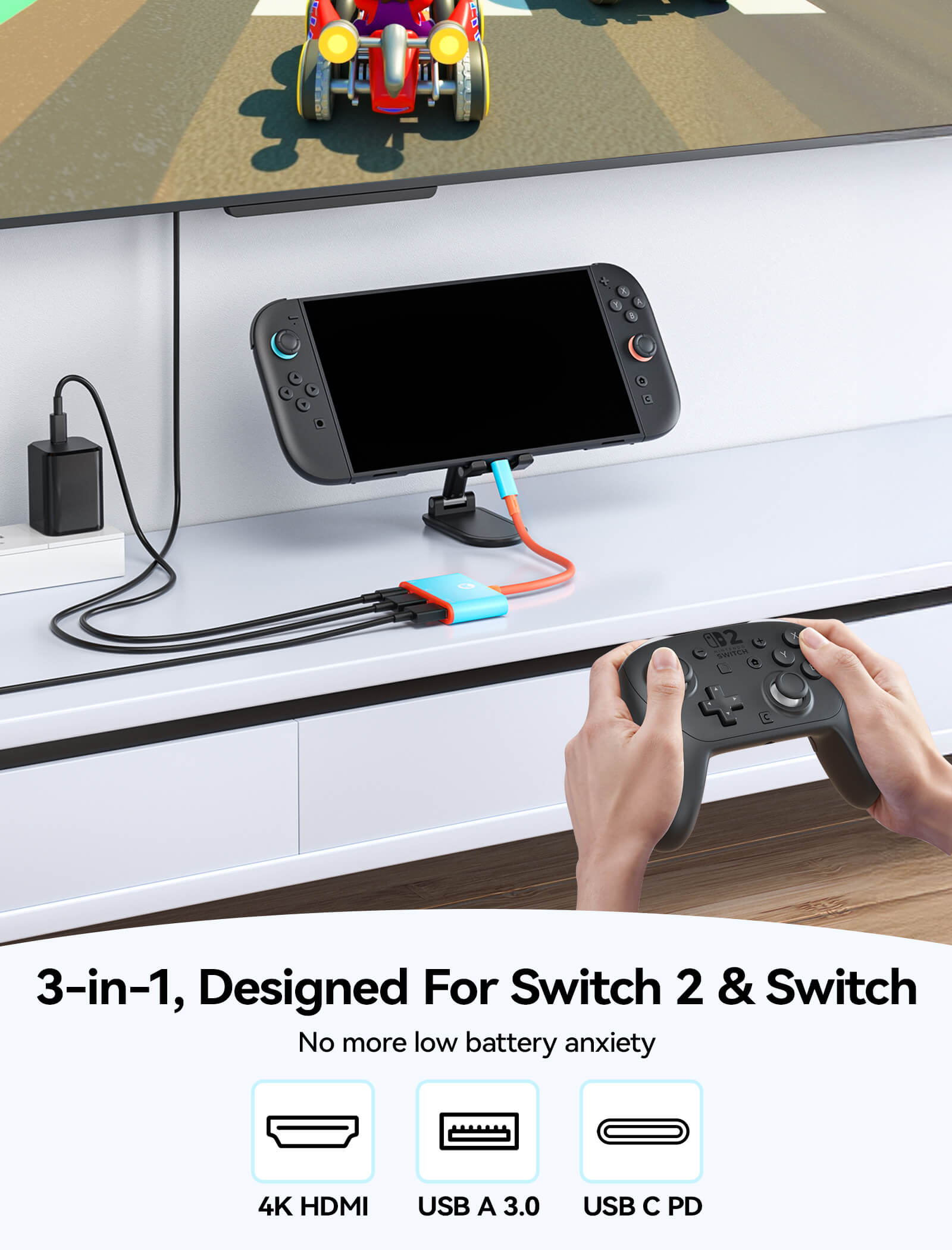 官方情境圖:Switch 主機接上轉接器,HDMI 接電視輸出畫面、USB-C 接充電器