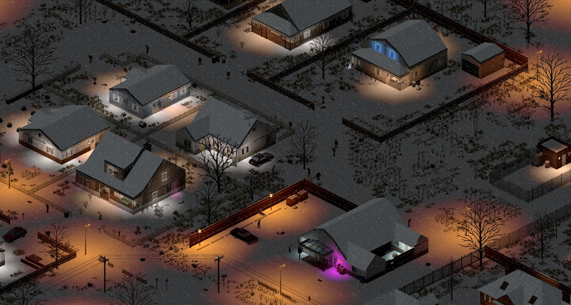 雪夜中的住宅區,街燈與窗燈亮著,殭屍在雪地上遊蕩