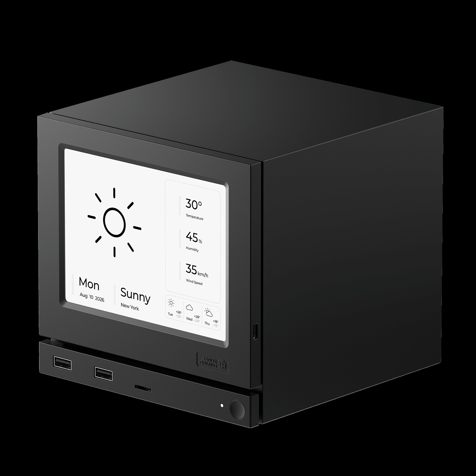 JSAUX Faceplate 電子紙版本裝在 Steam Machine 前方,螢幕顯示黑白天氣儀表板