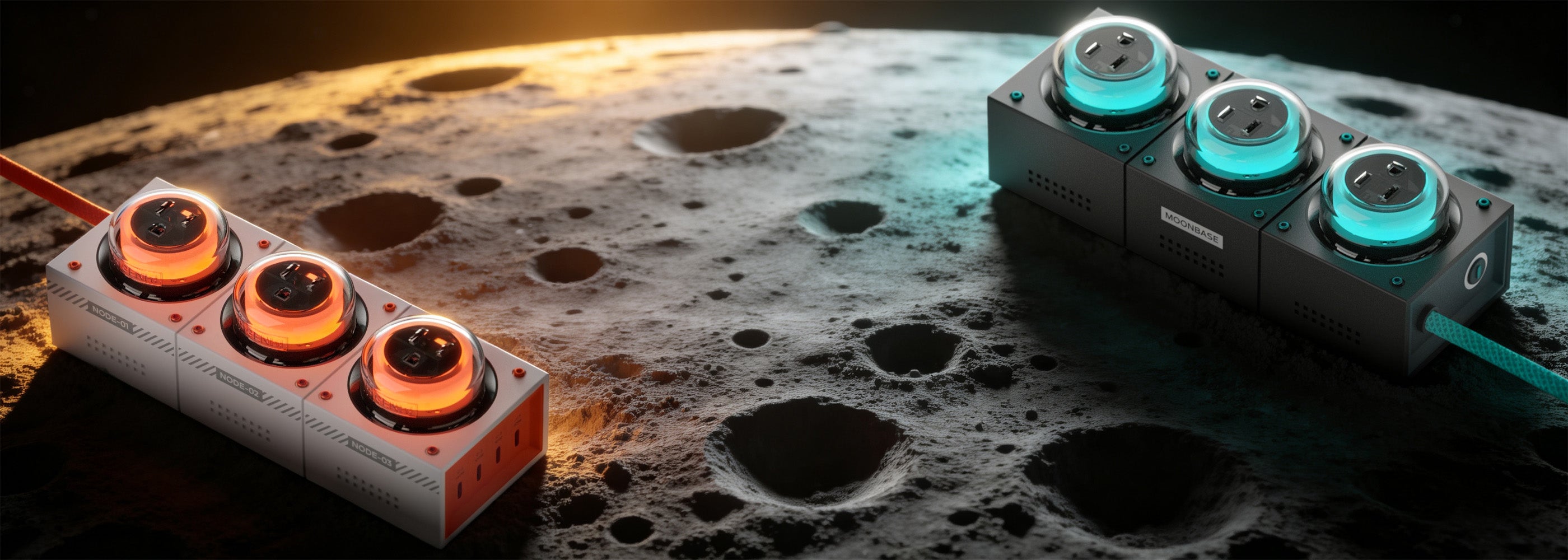 Genki Moonbase 官方產品圖：月面場景上兩組各三節點的模組化充電站，節點標示 NODE-01 至 NODE-03