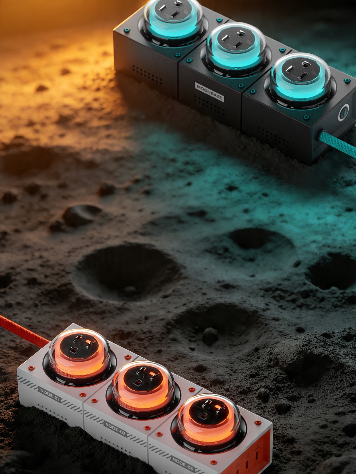 Genki Moonbase 官方情境圖：月面場景上並排兩組模組化充電站，深色款中間模組印有 MOONBASE 字樣