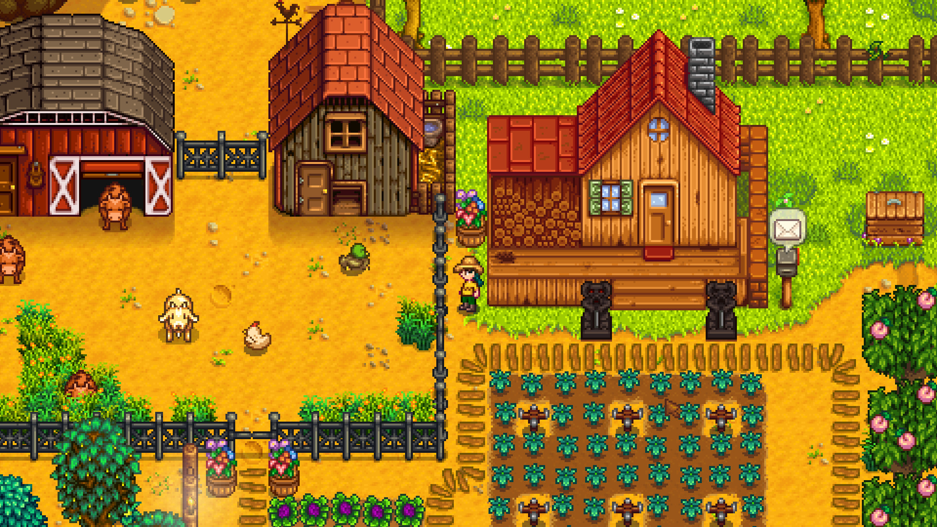 夏天的農場：穀倉、小屋與升級過的農舍旁有雞羊活動，灑水器照顧著藍莓田
