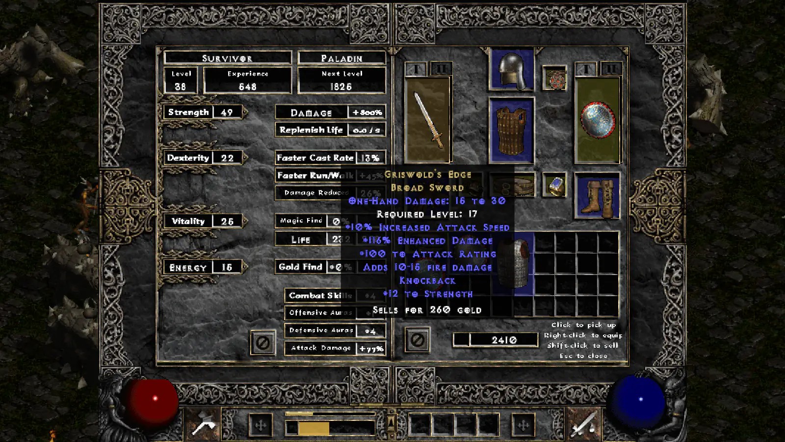 D2 Survivors 角色與物品欄介面
