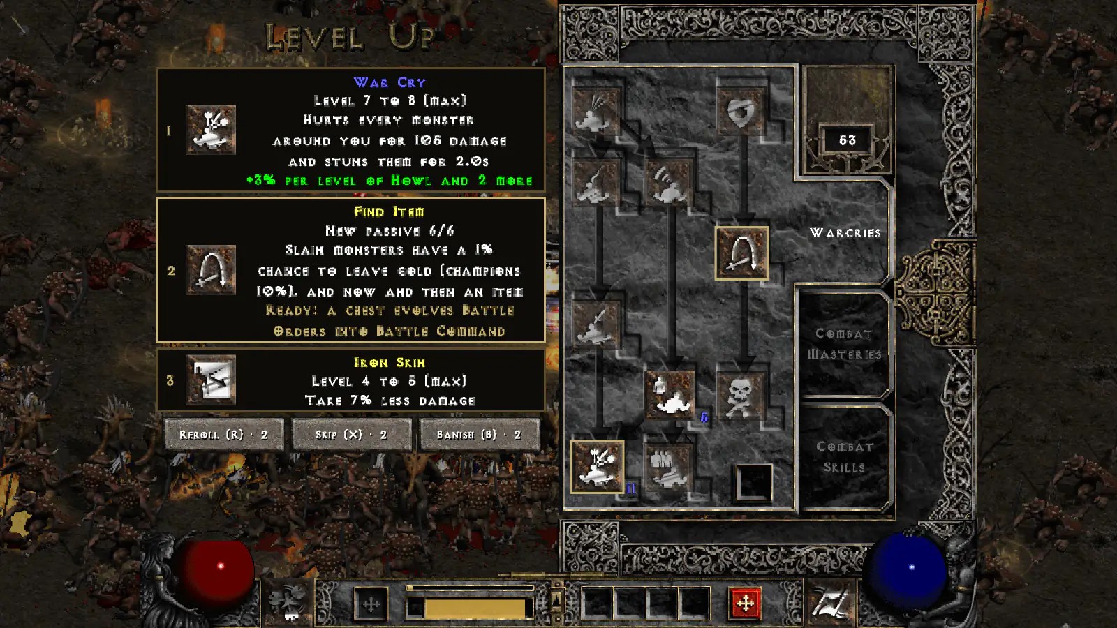 D2 Survivors 升級選卡與技能樹介面