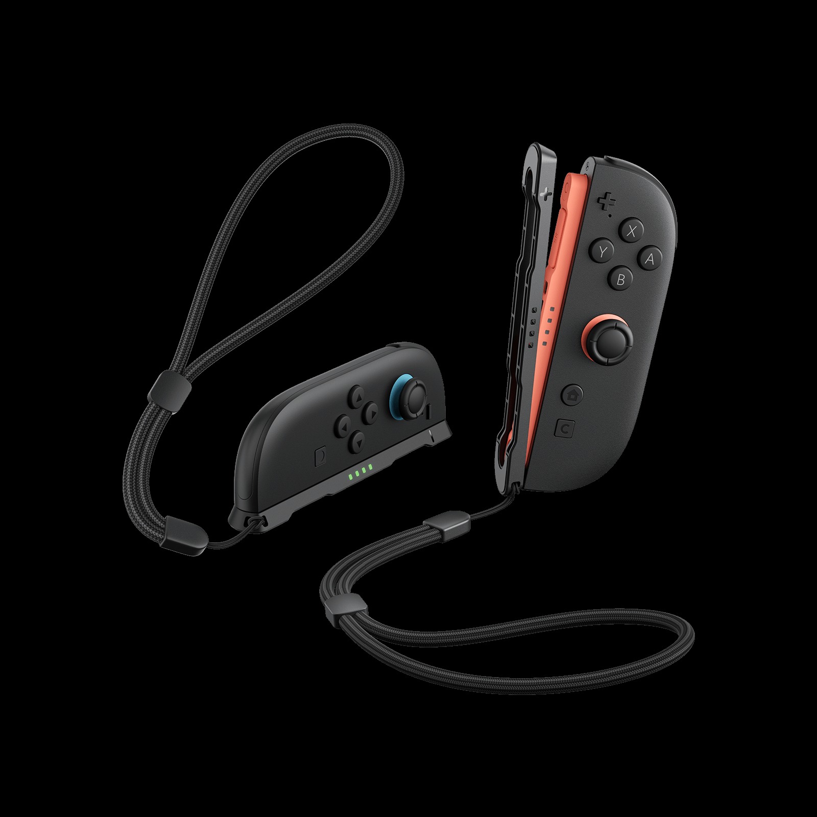 黑色背景上左右兩支 Switch 2 Joy-Con 各接上一條黑色 JSAUX 腕帶