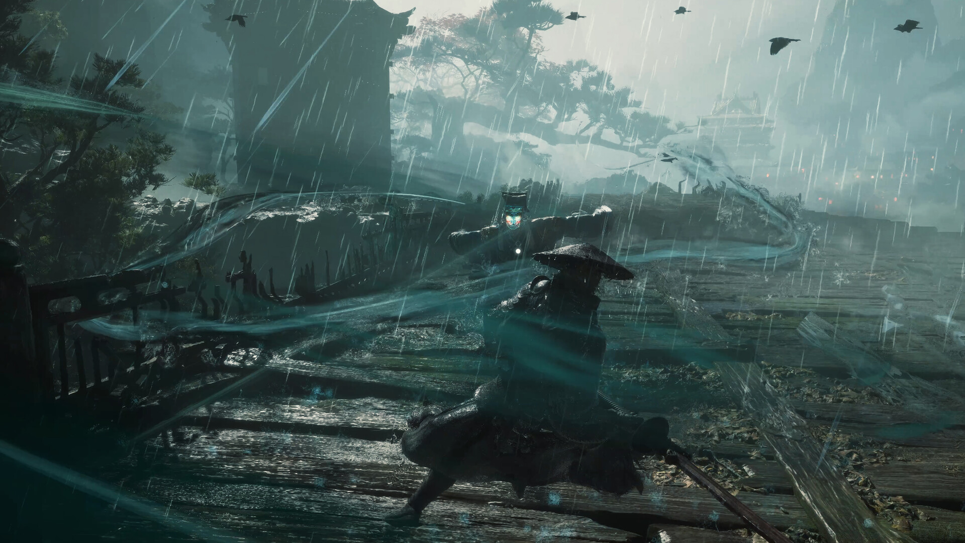 雨夜平臺上,戴斗笠的主角帶著青色氣勁疾行,前方是一名面具發光的神秘對手